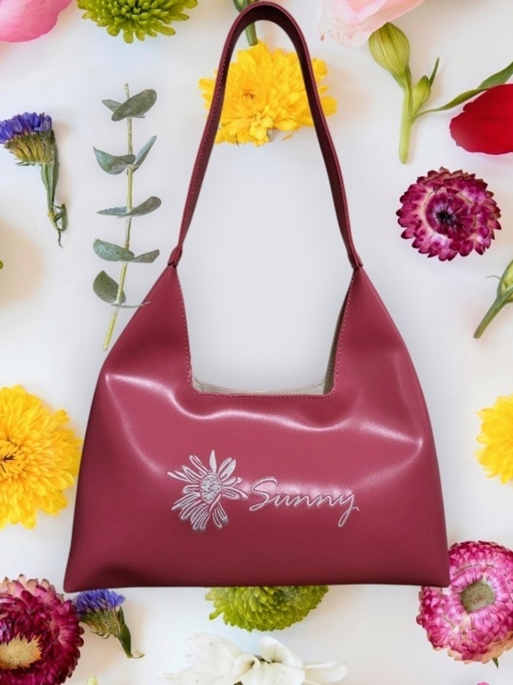 Sunny Embroidered Floral Shoulder Bag - Wine